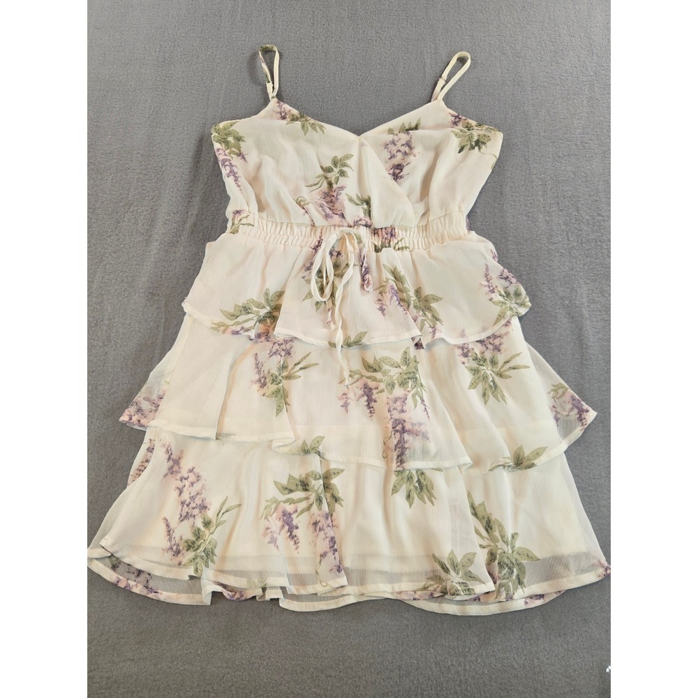 Blue Rain Floral Mini Dress Women XS Cream Purple Tiered Ruffle Chiffon‎ Boho